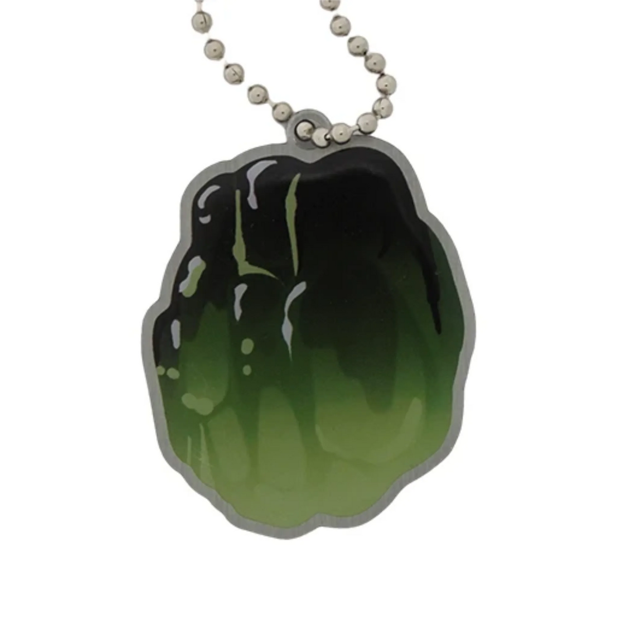 Olivine EarthCache mineral travel tag with green mineral design and silver ball chain on a white background
