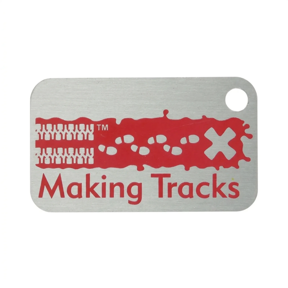 Red Making Tracks metal trackable tag with tyre tracks, footprints and X design on a white background