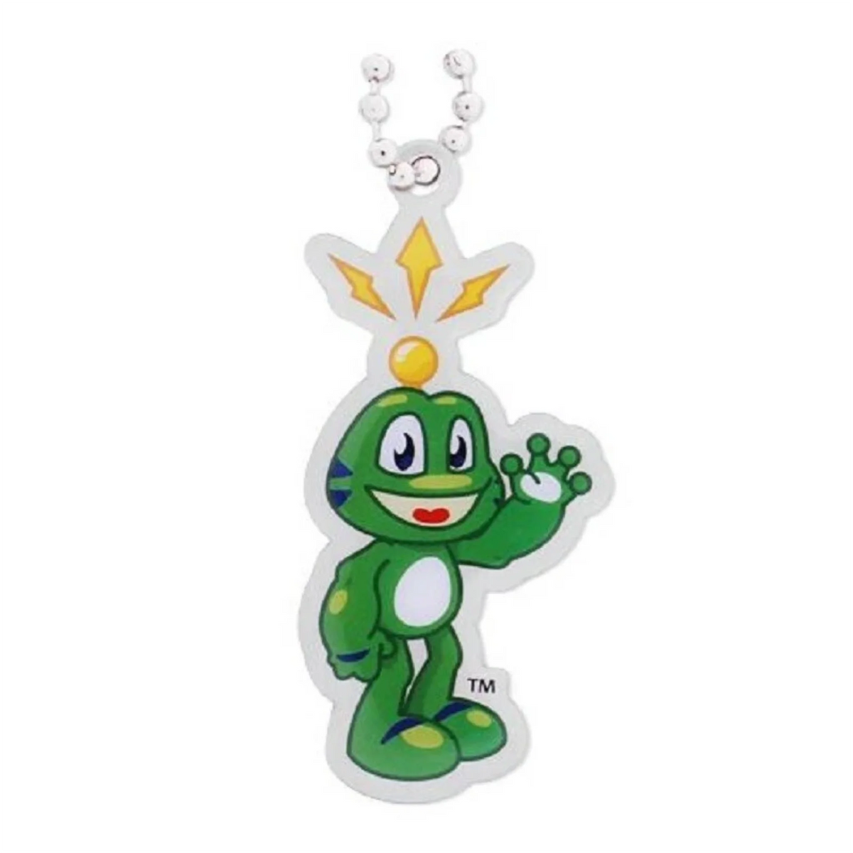 Signal the Frog travel tag with waving green frog, yellow antenna detail and silver ball chain on a white background