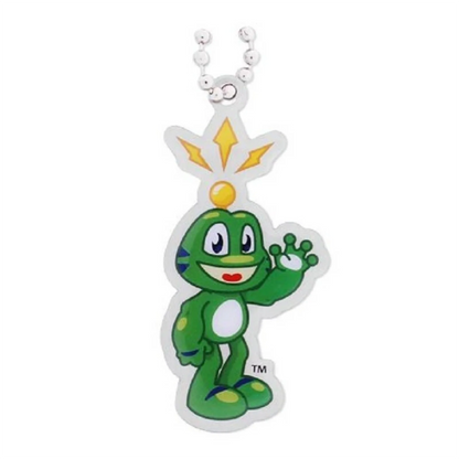 Signal the Frog travel tag with waving green frog, yellow antenna detail and silver ball chain on a white background