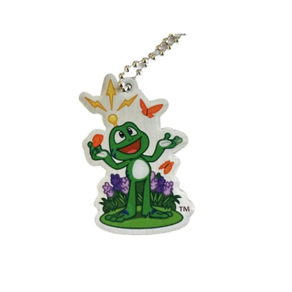 Signal the Frog spring travel tag with purple flowers, colourful butterflies and a silver ball chain on a white background