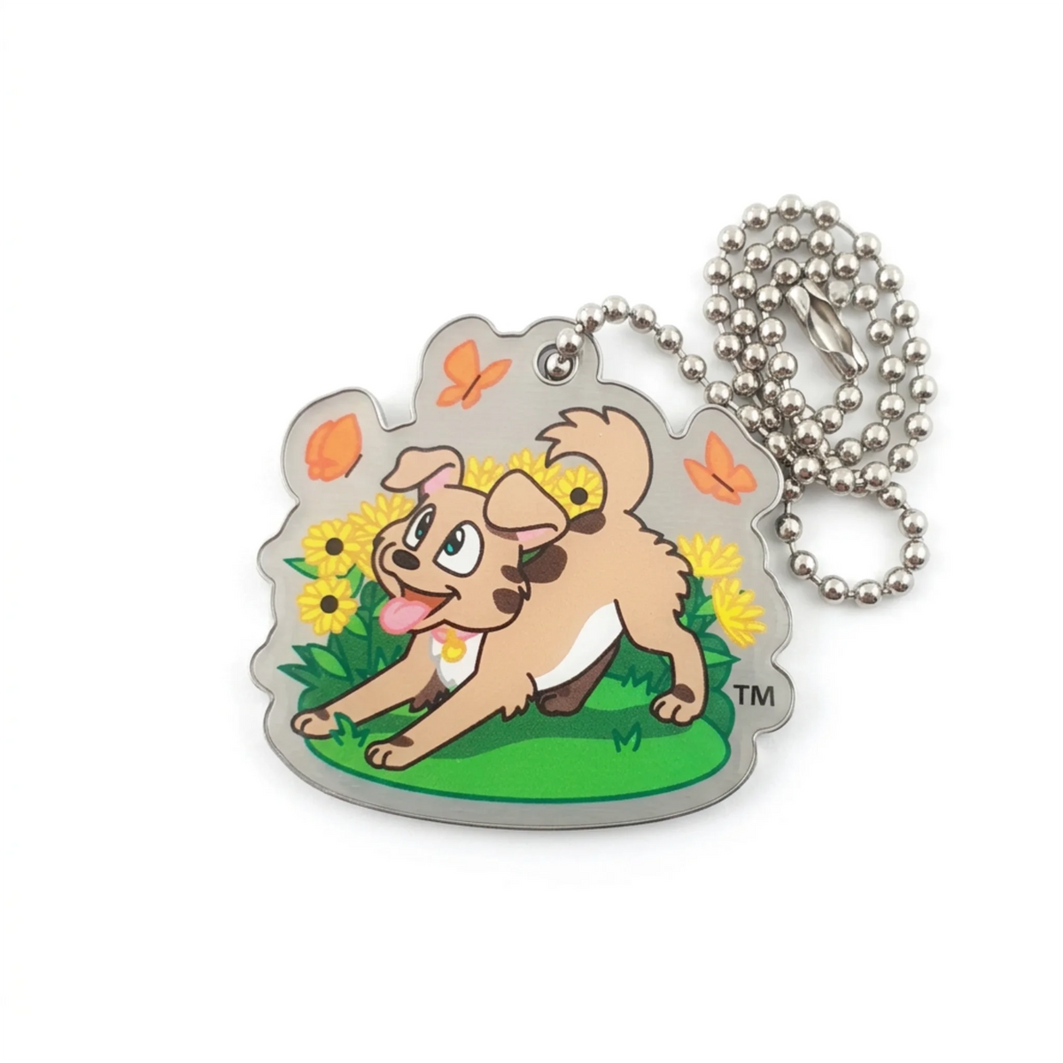 Spring Tracker travel tag with an open attachment hole and silver ball chain, featuring a playful dog, flowers and butterflies on white