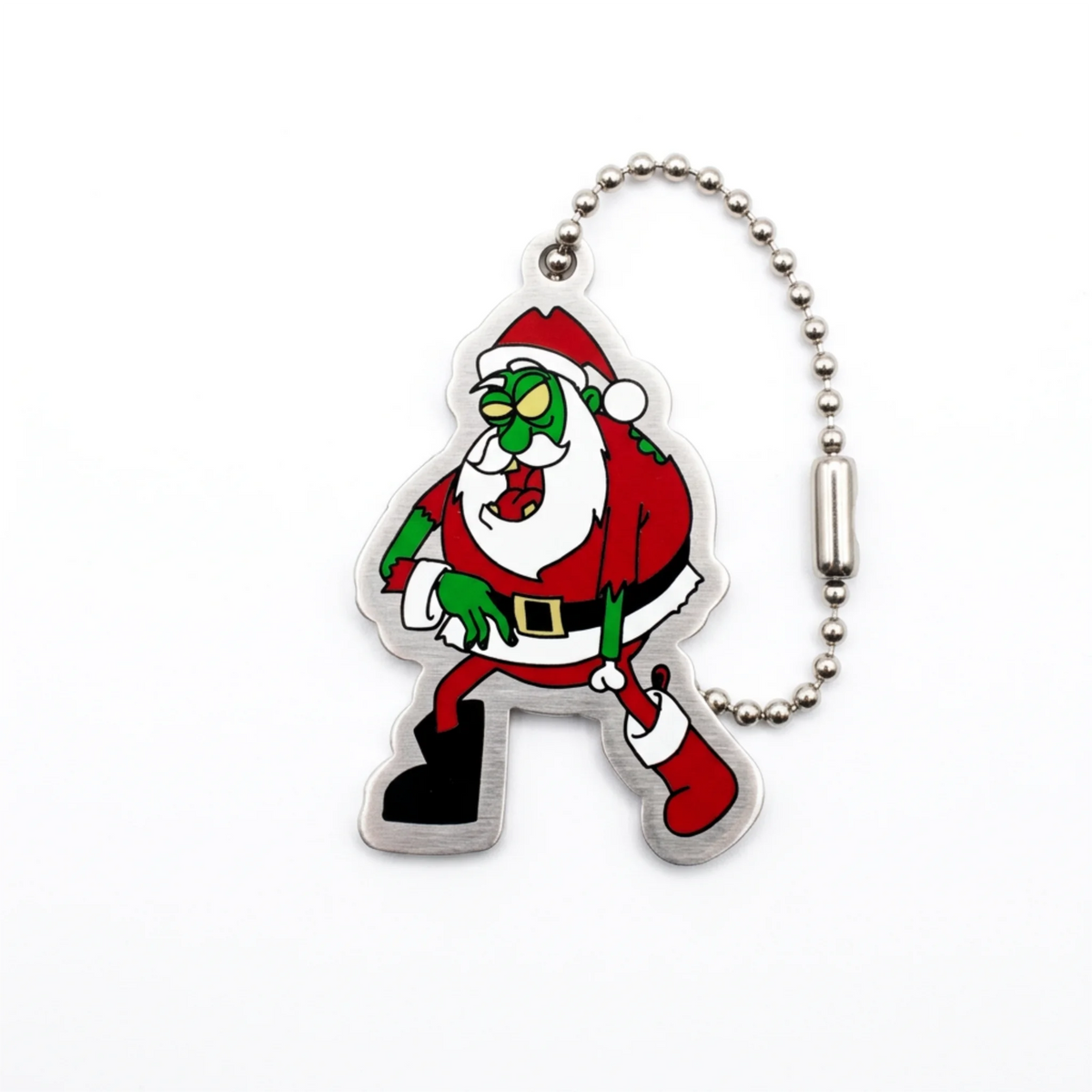 Zombie Claus Cache Buddy travel tag front with green Santa character and silver ball chain on white